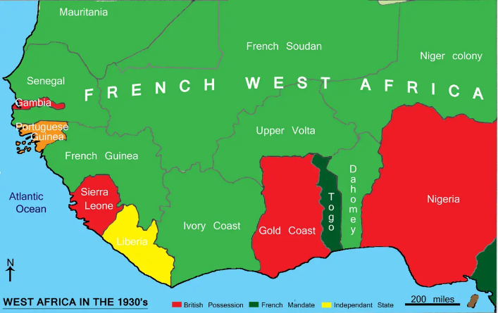 Map of West Africa in the 1930s showing British and French territories